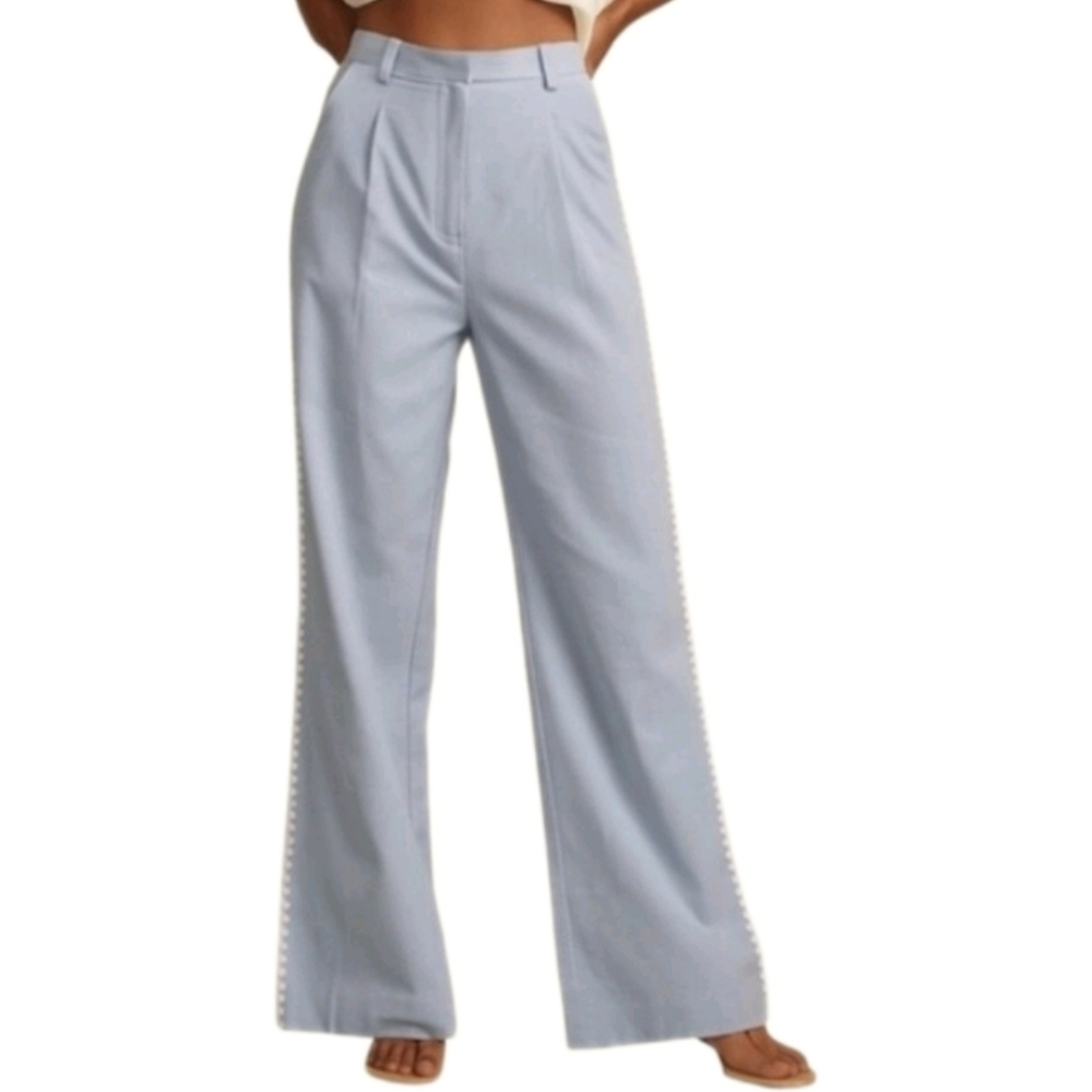 MON RENN Lisle Pant Wide Leg Highwaist Side Embroidered In Blue